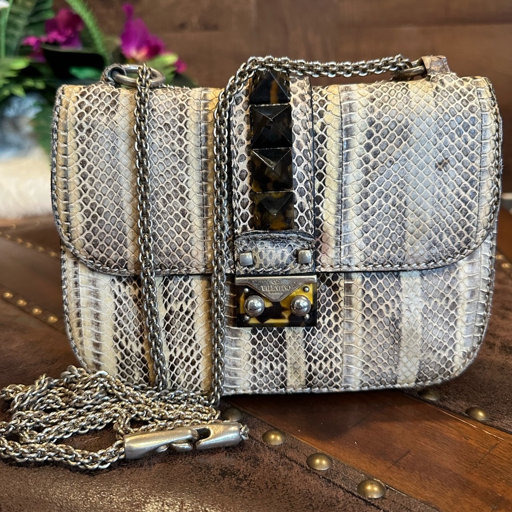 Valentino Cream/Black Watersnake Small Rockstud Glam Lock Flap Bag